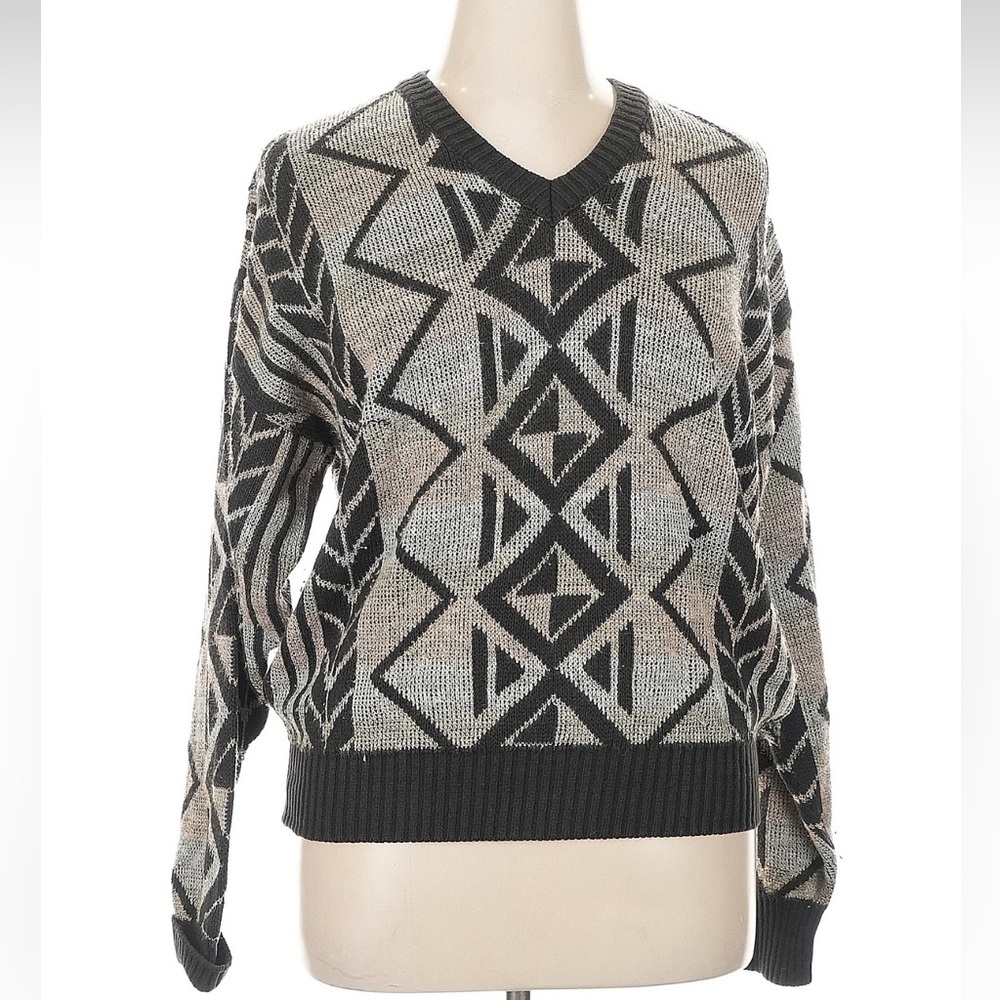 Vintage London Fog Black Brown Gray V-Neck Pullover Knit Sweater Women’s Size XL